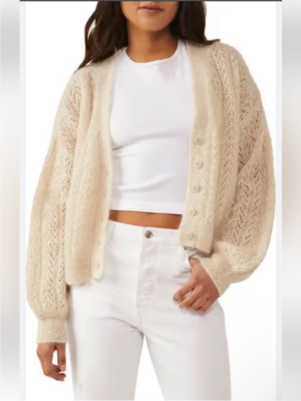 Free People Alpaca Blend Oatmeal Heather Ameila Cream Cardigan Sweater Size S